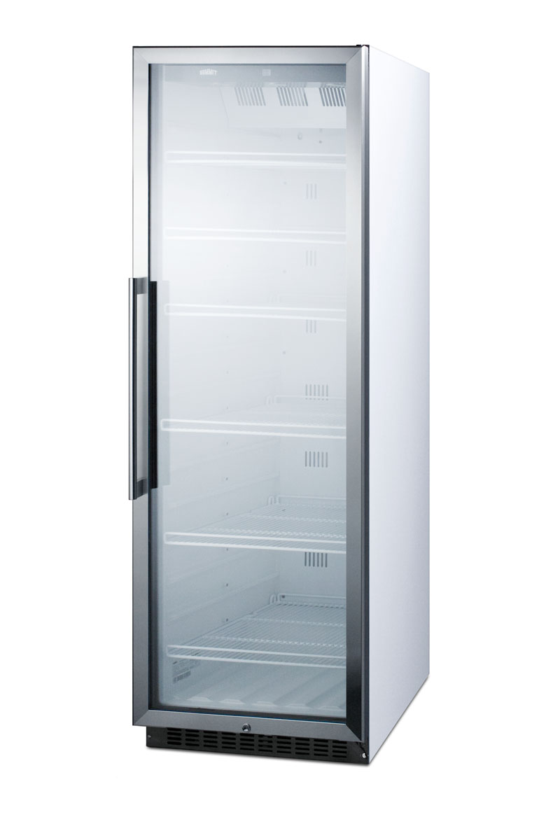 Commercial beverage merchandiser designed for the display and refrigeration of beverages and sealed food, with 12.6 cu.ft. capacity, digital thermostat and self-closing door; replaces SCR1400